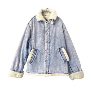 Vintage 80s 90s Acid Wash Denim Jean Jacket Sherpa Lined & Trim Zipper Buckles L
